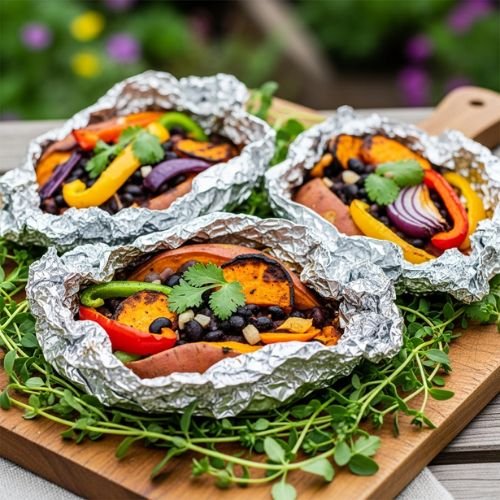 10 Tasty Plant-Based Camping Recipes for Life on the Road 9 Sweet Potato Black Bean Foil Packs