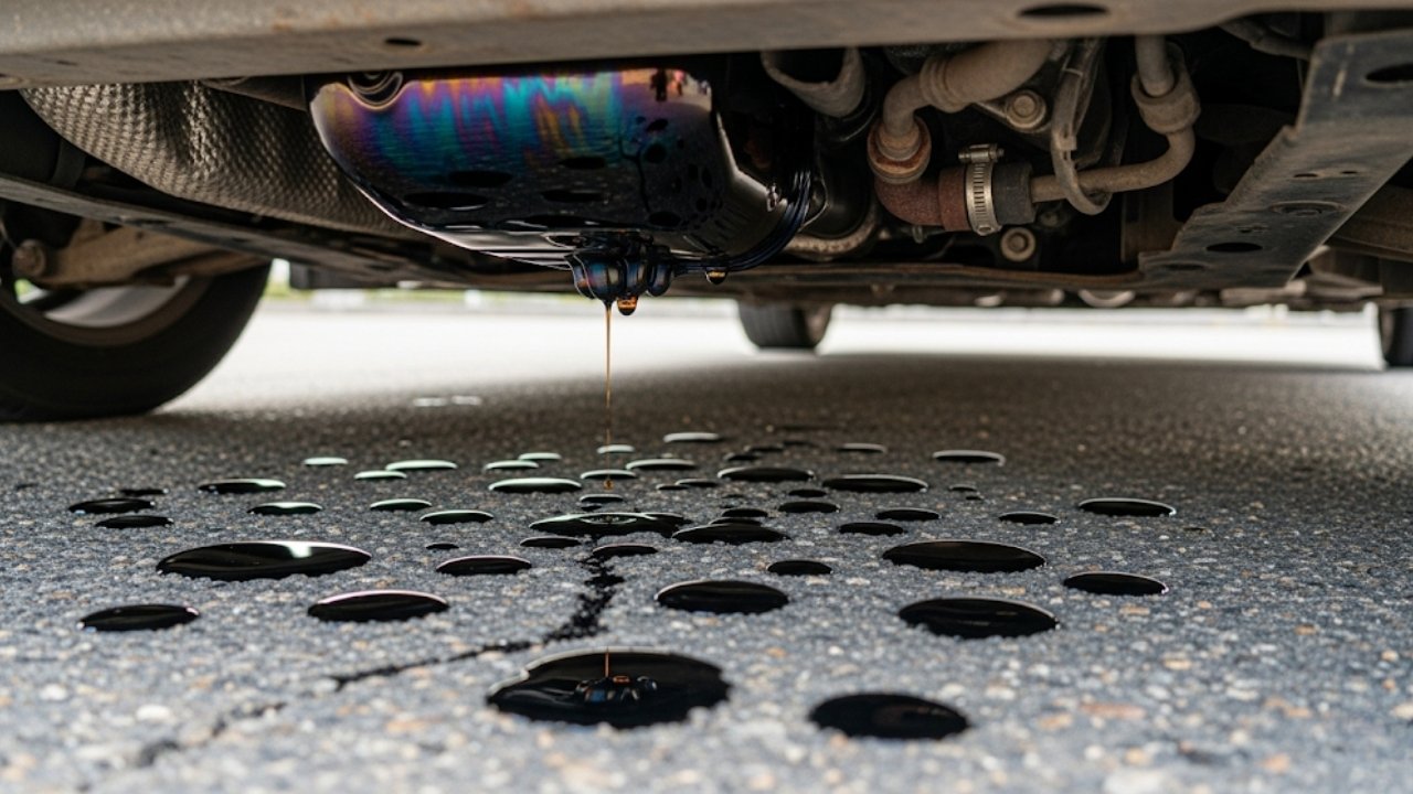 9 Clear Signs of Oil Leak in a Car 2 1. Oil Spots Under the Car – The Most Obvious Clue