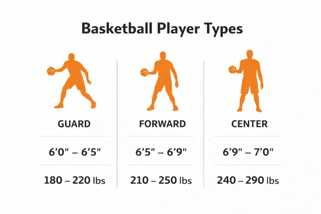 Height and weight comparison for different basketball player positions