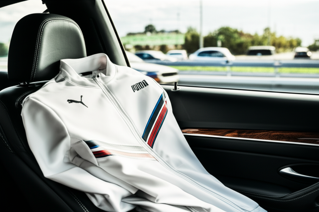 Generate a high-quality, relevant image prompt for an article about: Puma BMW Motorsport Jacket Whit