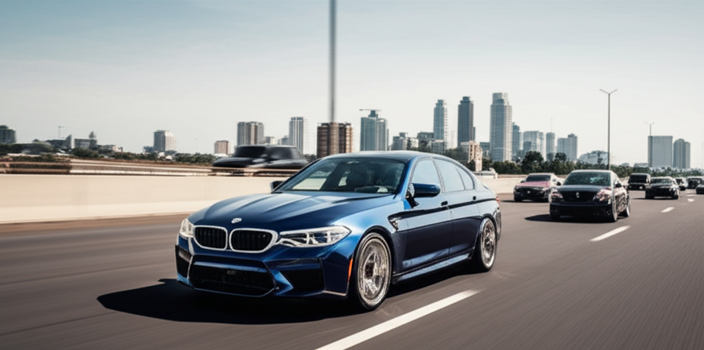 Generate a high-quality, relevant image prompt for an article about: BMW M5 On Road Price Delhi: 7 D