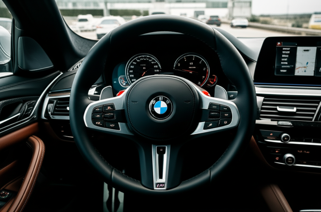 Generate a high-quality, relevant image prompt for an article about: BMW M5 Steering Wheel: 7 Bold F