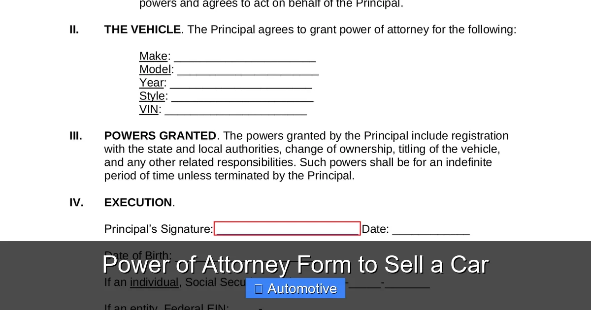 Power of Attorney Form to Sell a Car