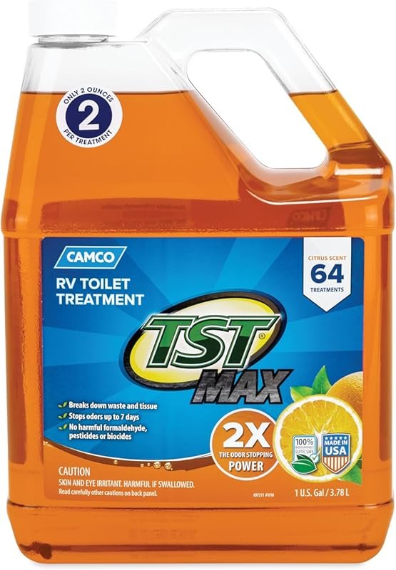 Camco TST MAX 1-Gallon RV Toilet Treatment controls odors, breaks down