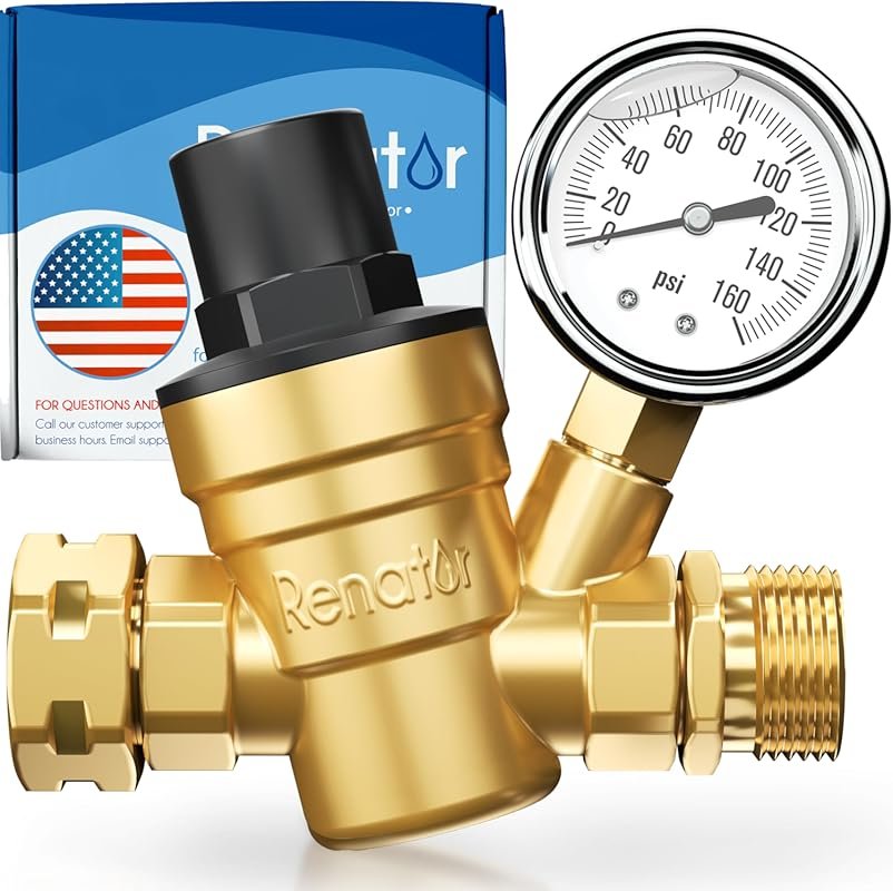 Brass Lead-Free Adjustable RV Water Pressure Regulator with Gauge and 