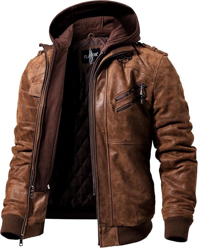 FLAVOR Men's Brown Leather Motorcycle Jacket with a Removable Hood for