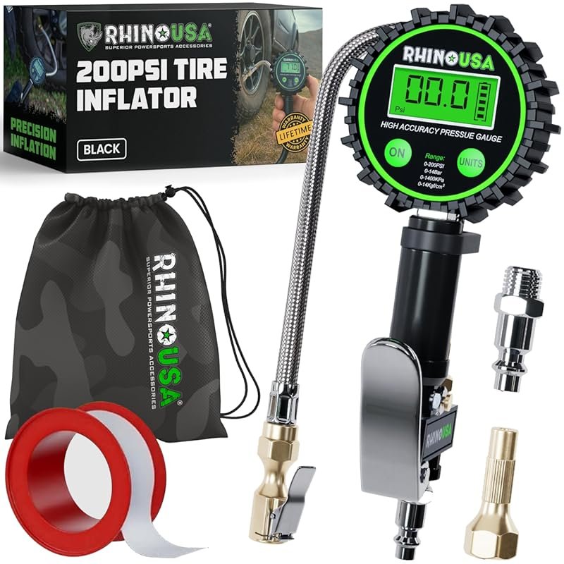 Digital Tire Pressure Gauge with Inflator, Heavy Duty with Braided Hos