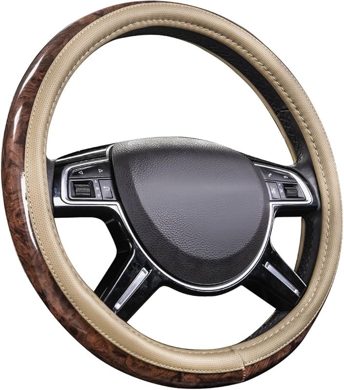 Wood Grain Steering Wheel Cover in Microfiber Leather with Anti-Slip V