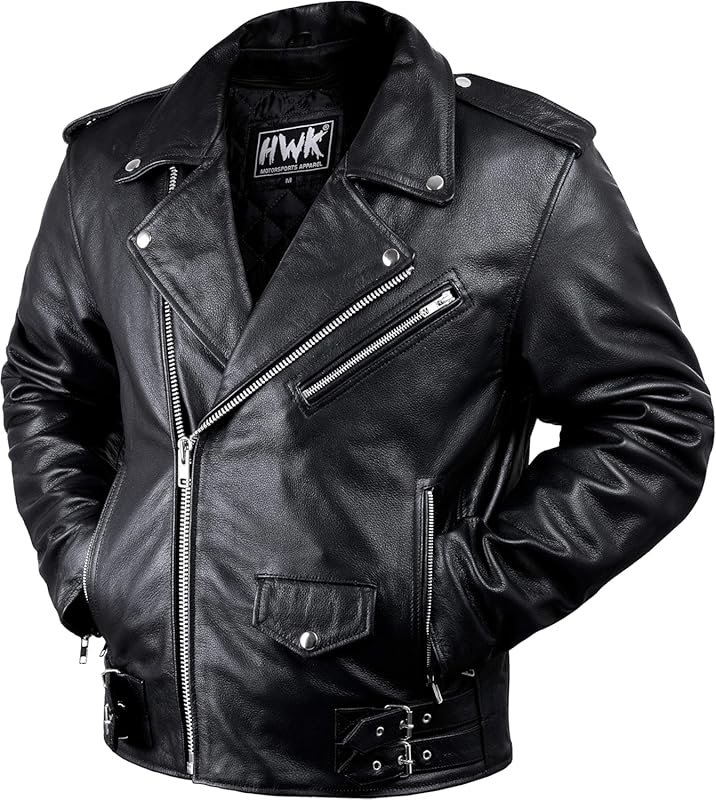 HWK Brando Men's Genuine Black Leather Motorcycle Jacket with Removabl