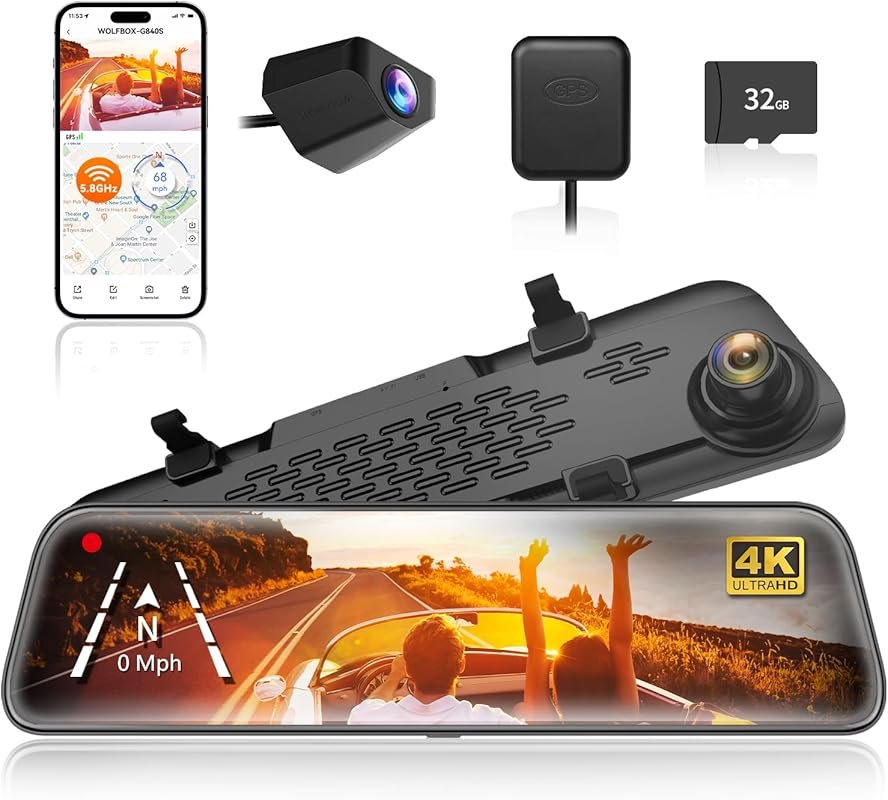 4K Mirror Dash Cam for Trucks: Front, Rear Backup Cameras, WiFi, Night