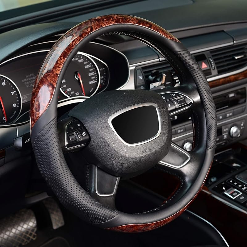 Wood Grain Steering Wheel Cover in Microfiber Leather with Anti-Slip a