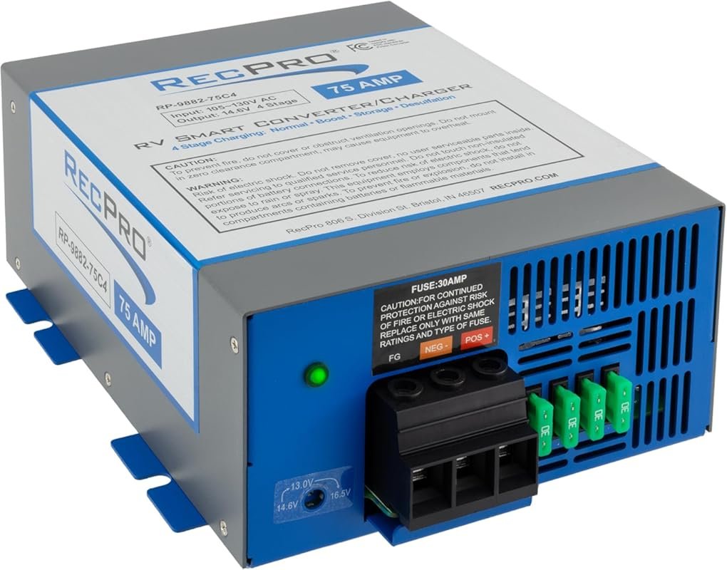 RecPro 75 Amp RV Converter with 4-Stage Smart Charging and 120VAC to 1