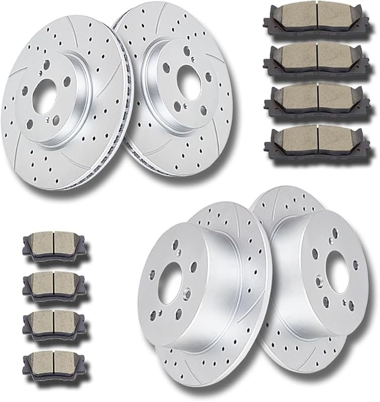 Front and Rear Drilled Slotted Brake Rotors and Ceramic Pads Kit for T
