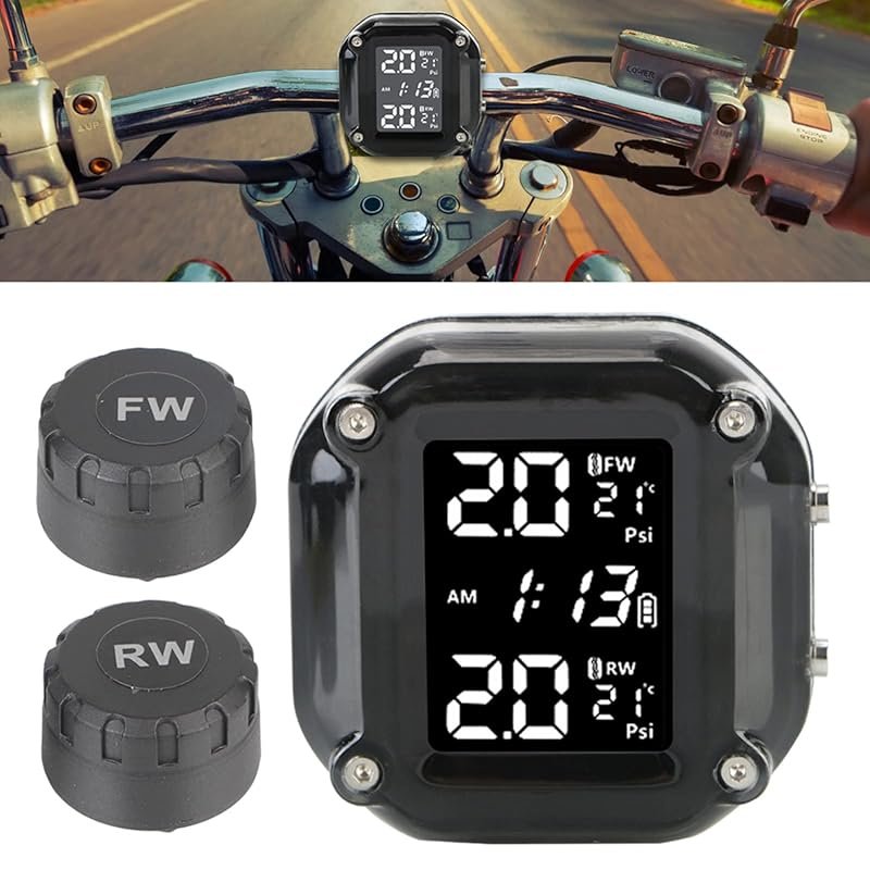 Motorcycle TPMS with 2 External Sensors, LCD Display, and Tire Tempera