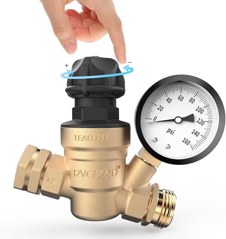 Adjustable RV Water Pressure Regulator with Easy-Turn Knob, Brass Lead