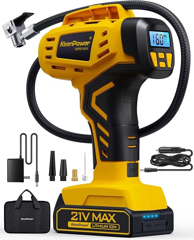 KeenPower 21V Portable Air Compressor with 160 PSI, Dual Power Modes, 