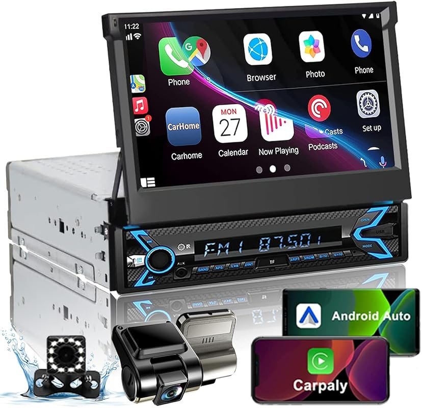 Naifay Single Din Car Stereo with 7-Inch Flip-Out Screen, Dash Cam, Ba