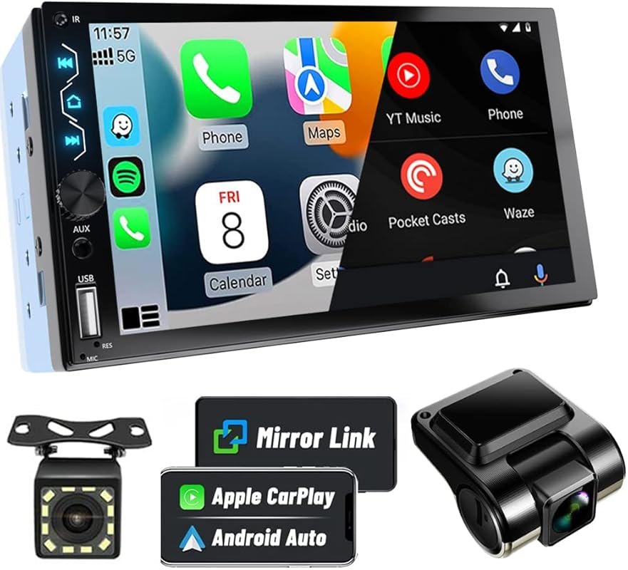 Leadfan 7-Inch Double Din Car Stereo with Dash Cam, CarPlay, Android A