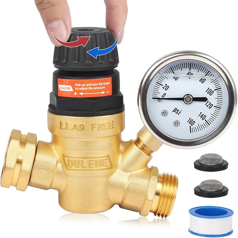 RV Water Pressure Regulator with Adjustable Handle, Silicone Oil Gauge