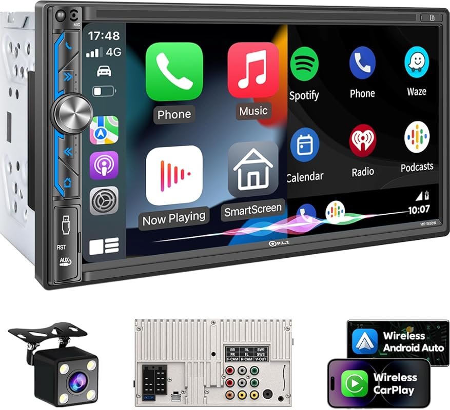PLZ 7-Inch Wireless Double Din Car Stereo with Apple CarPlay, Android