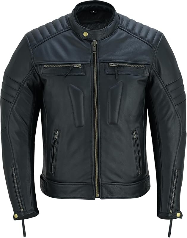 Men's Distressed Leather Motorbike Jacket with Zip-Up Design for Ridin