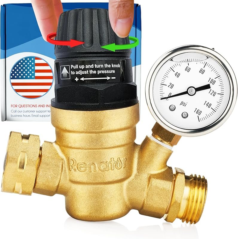 Brass Lead-Free Adjustable RV Water Pressure Regulator with Gauge and 