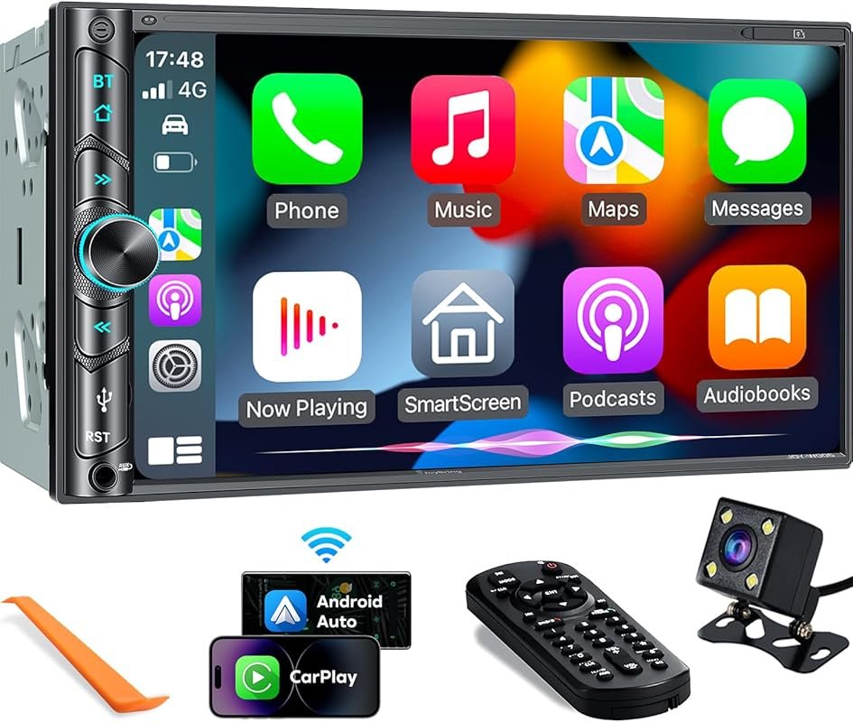Wireless Double Din Car Stereo with 7-Inch HD Touchscreen, CarPlay, An