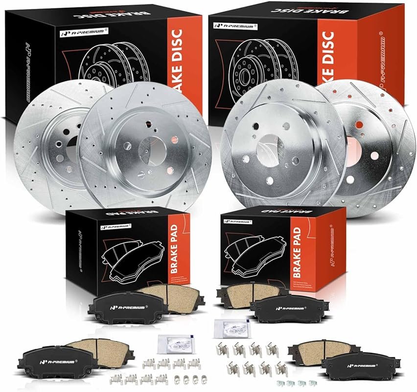 A-Premium Front Rear Drilled Slotted Brake Rotors and Ceramic Pads Kit