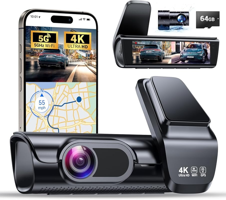 4K Front and Rear Dash Cam: GPS, WiFi, Night Vision, Wide Angle, Parki