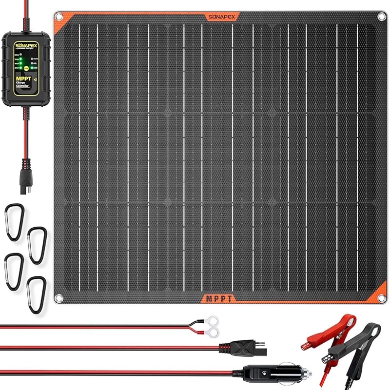 SUNAPEX 50W 12V Portable Waterproof Solar Trickle Charger with MPPT fo