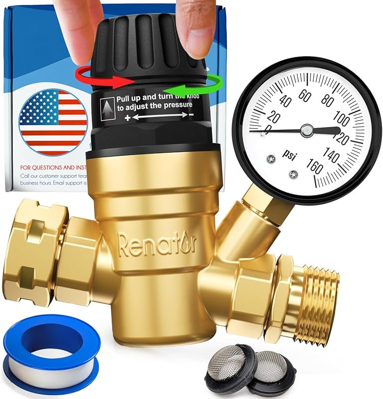 Brass Lead-Free Adjustable RV Water Pressure Regulator with Gauge and 