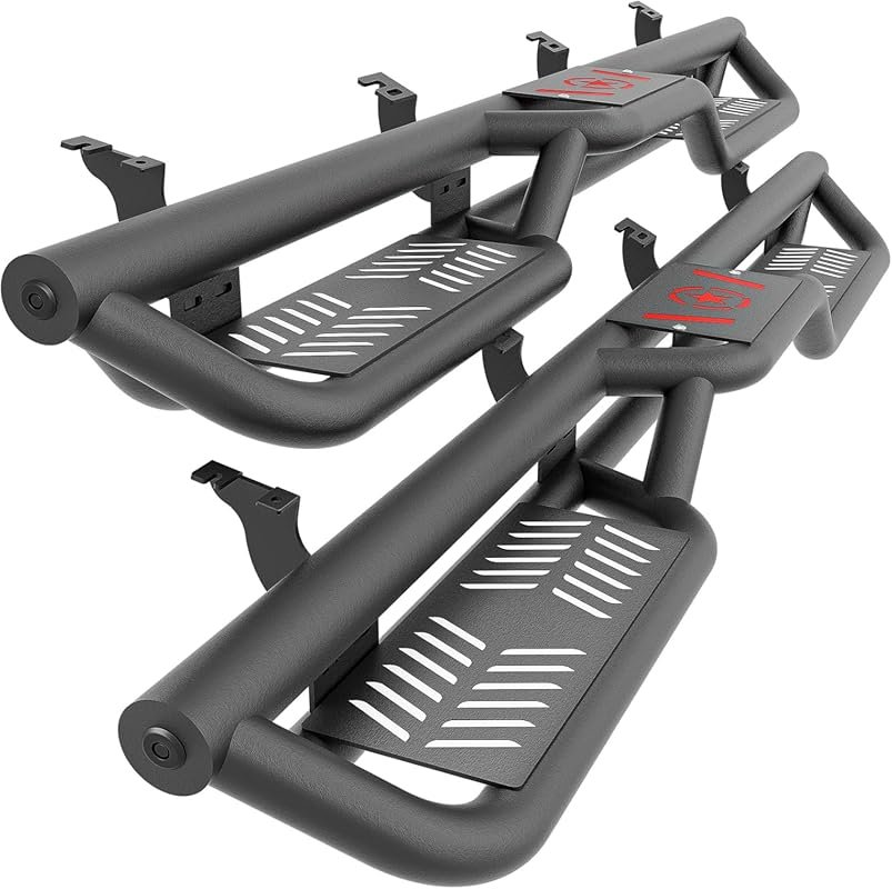 Black powder coated running boards with a two-step drop design for the