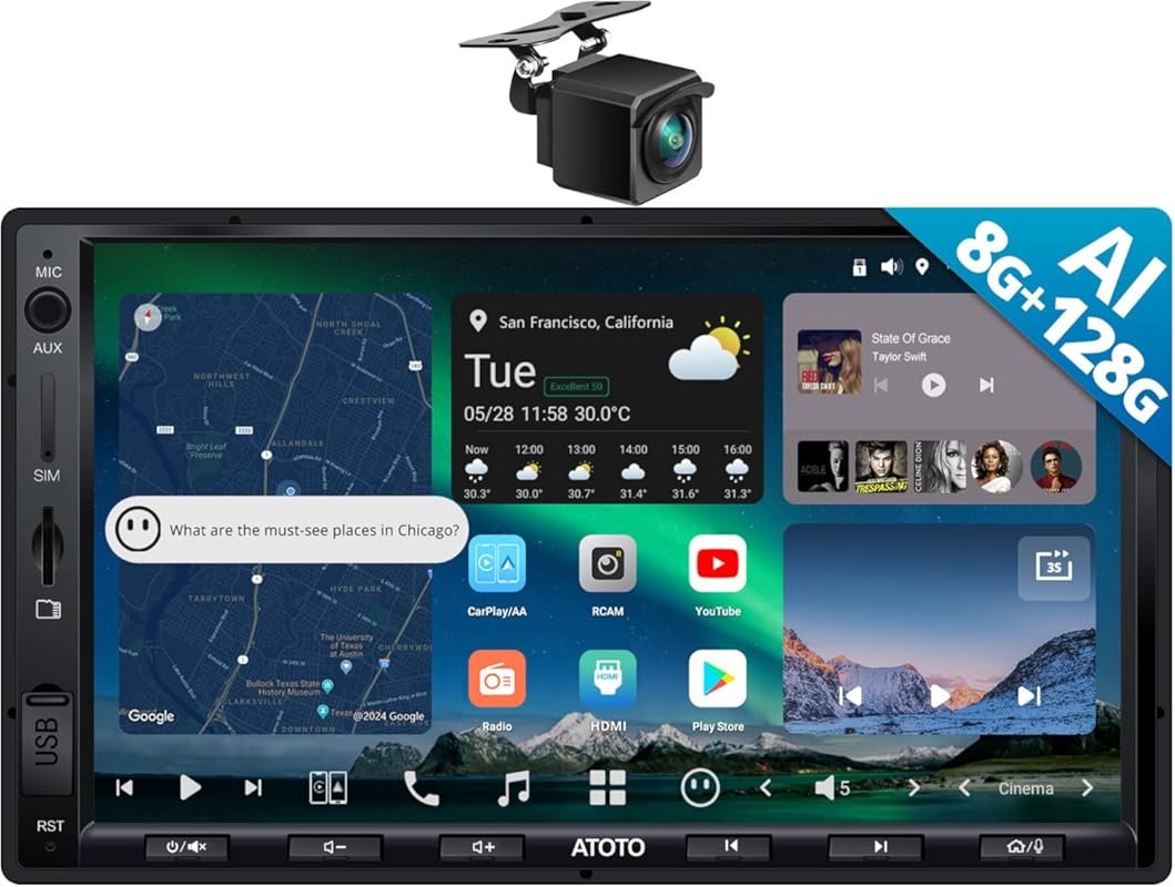 7-Inch Android Double Din Car Stereo with 4G LTE, Wireless CarPlay, a