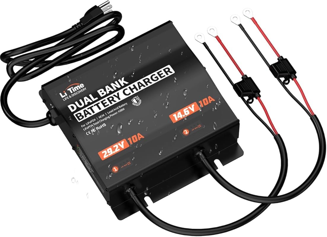 LiTime 2-Bank 12V/24V 10A IP65 Waterproof Lithium LiFePO4 Charger for 