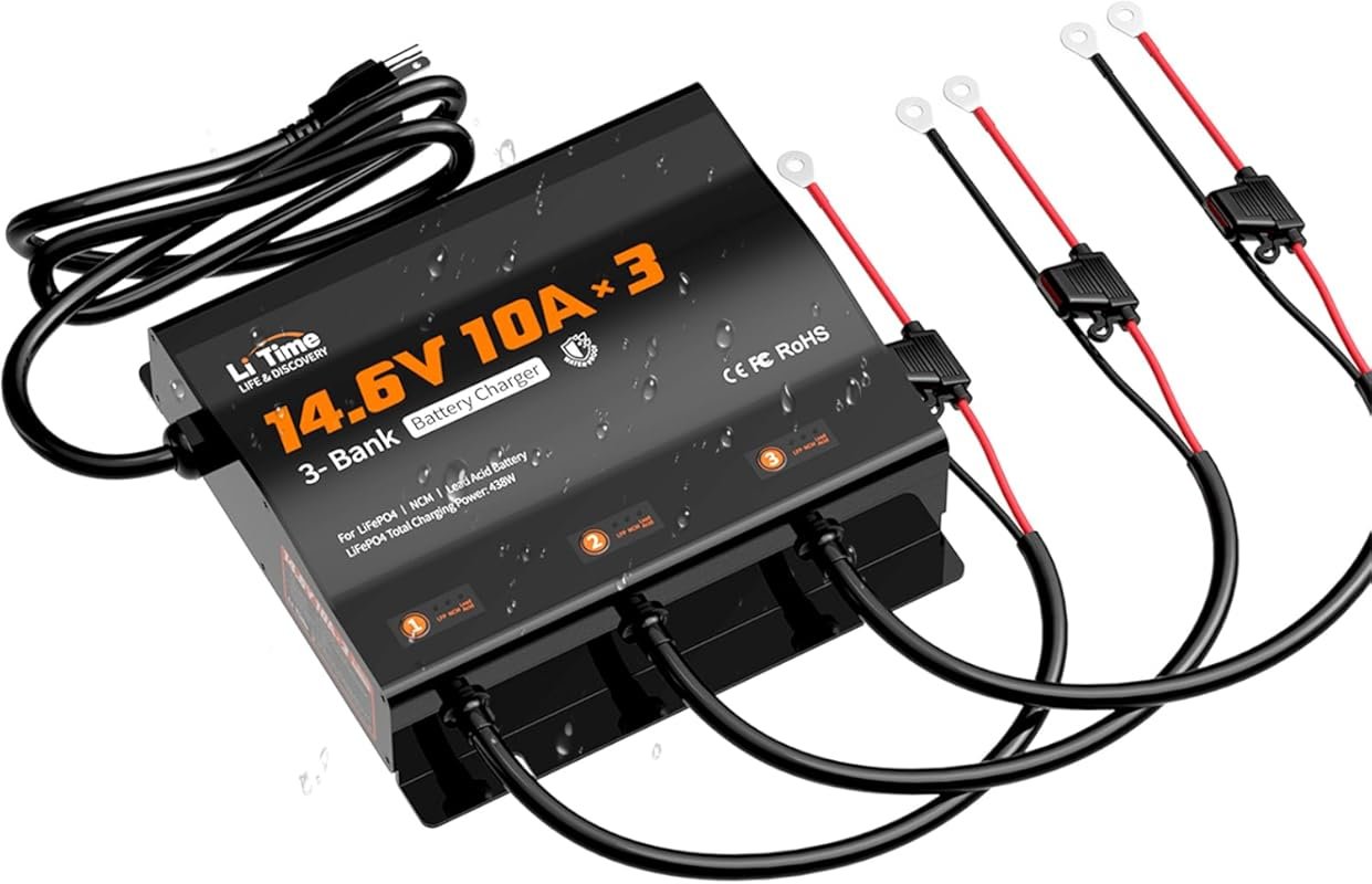 LiTime 10A 3-Bank Smart AC-DC Battery Charger for Trolling Motor and L