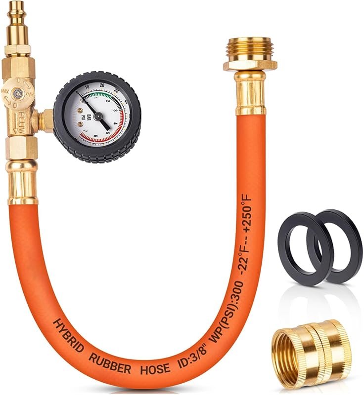 Brass RV Winterization Kit with 17-Inch Hose, Pressure Gauge, and Shut