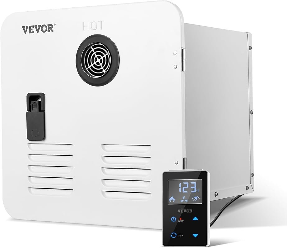 VEVOR RV Tankless Water Heater with 42000 BTU 15x15 White Door Remote Controller