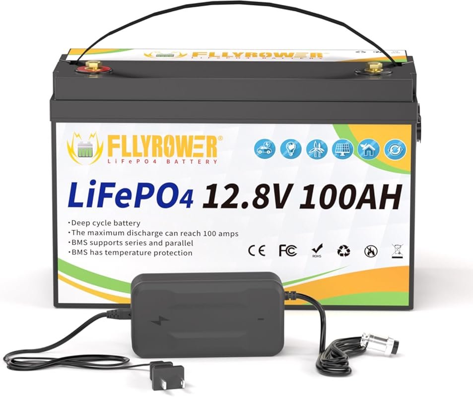 FLLYROWER 12V 100Ah LiFePO4 Battery with BMS and 16500 Deep Cycles for