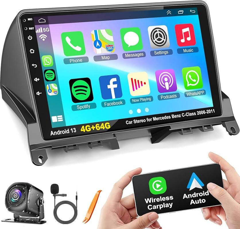 9-Inch QLED Android 13 Car Stereo for Mercedes-Benz C-Class 2006-2011 