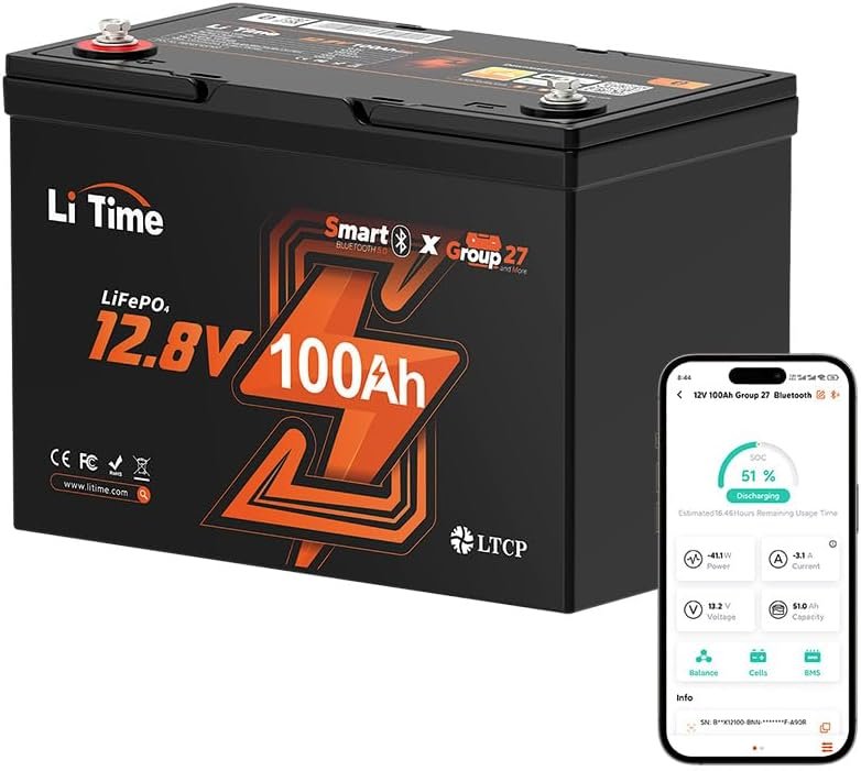 Litime 12V 100Ah LiFePO4 Group 27 Battery with Bluetooth BMS and Low T