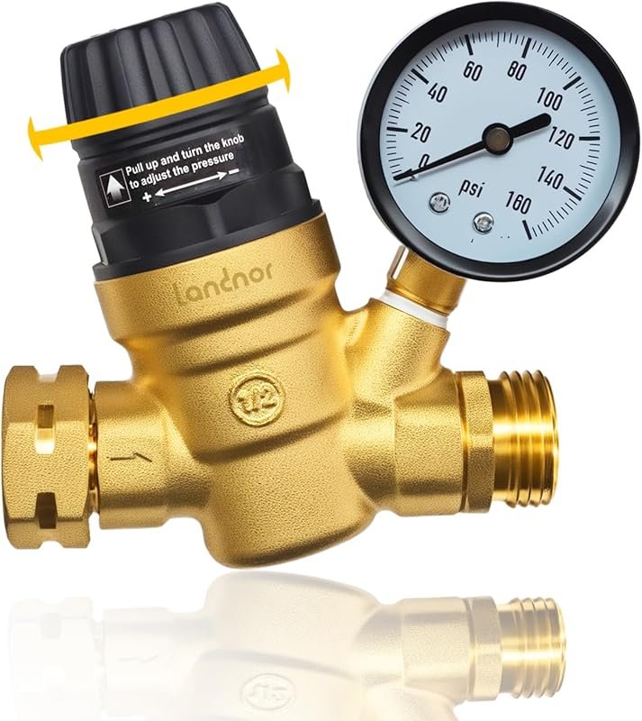 Adjustable RV Water Pressure Regulator with Easy-Turn Knob, Brass Lead