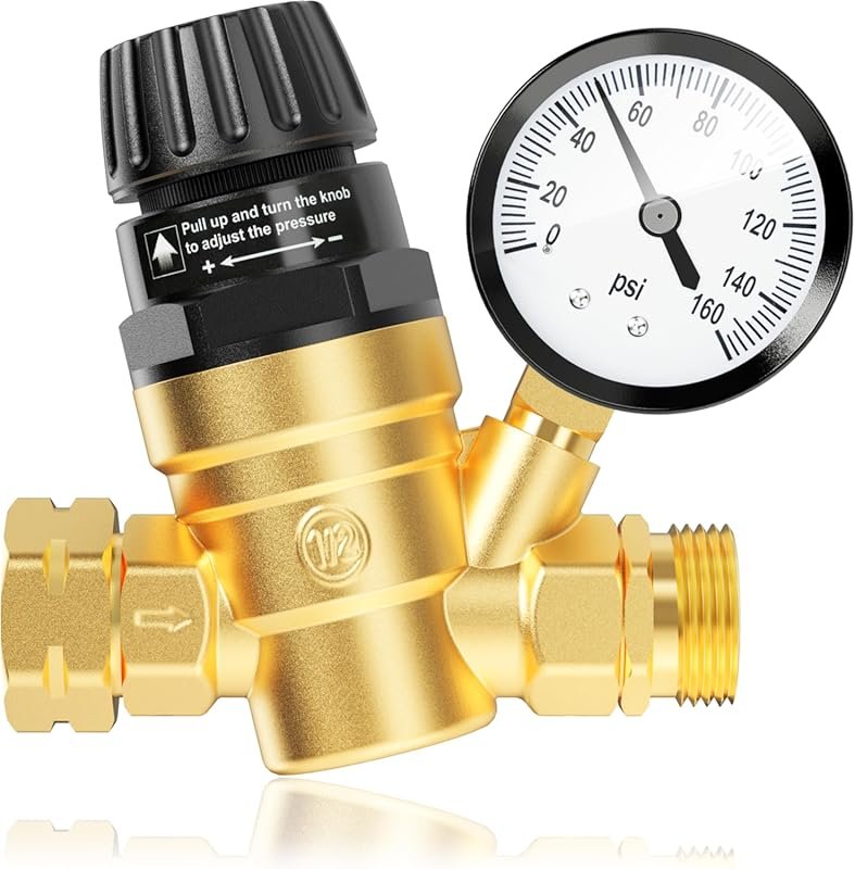 Adjustable RV Water Pressure Regulator with Brass Lead-Free Valve, Gau