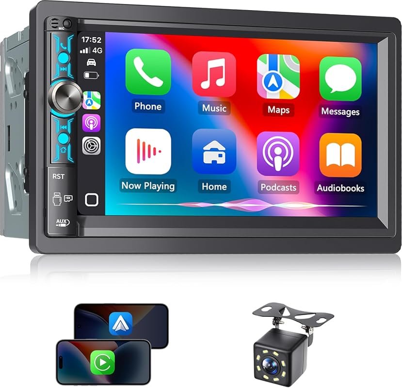 7-Inch Double Din Car Stereo with Wireless Apple CarPlay, Android Auto
