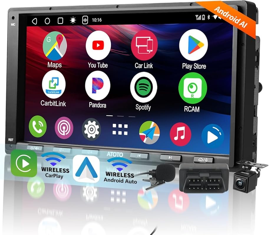 7-Inch Android Double Din Car Stereo with Backup Camera, OBD2 Scanner,