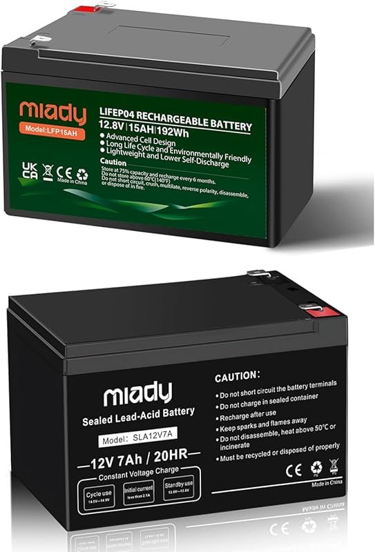 Miady 12V 15Ah LiFePO4 Battery and 12V 7Ah Sealed Lead Acid Battery fo