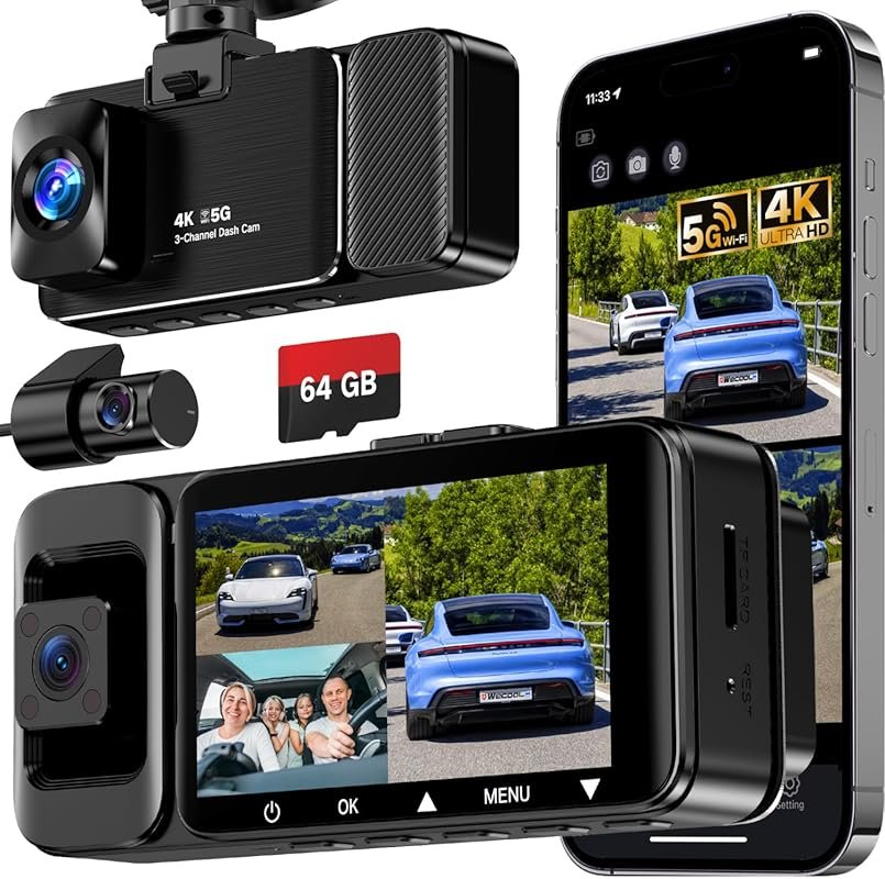 3-Channel 4K Dash Cam Front and Rear Inside: Wide Angle, Night Vision,