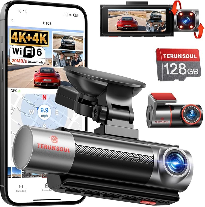 3-Channel 4K Front, Rear & Cabin Dash Cam with WiFi, GPS, IR Night Vis