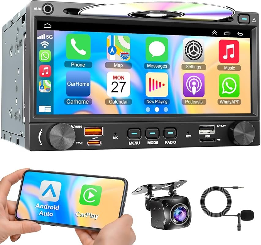7-Inch Double Din Car Stereo with CD DVD Player, Wireless CarPlay, And