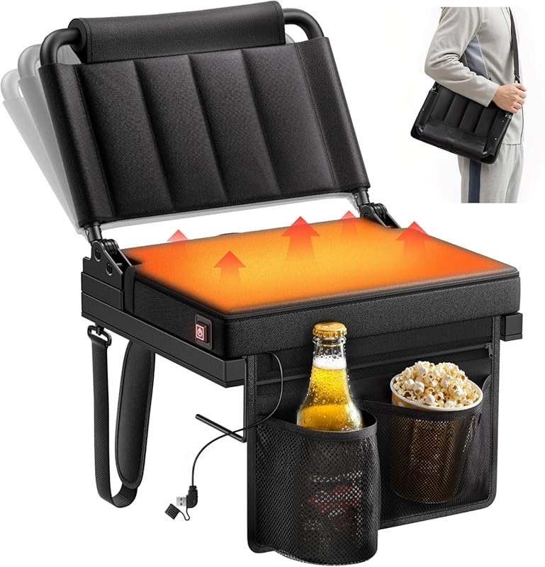Heated Stadium Seat with Adjustable Backrest and Height, Includes Cup 
