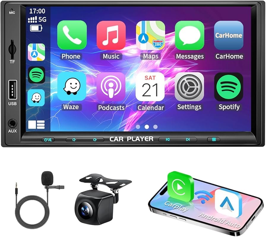7-Inch Double Din Car Stereo with Wireless Apple CarPlay, Android Auto